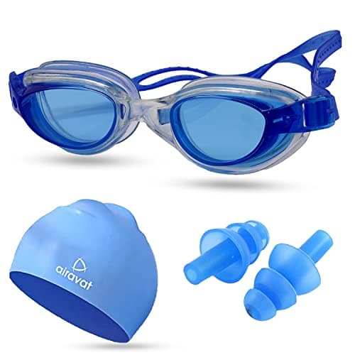 Airavat Swimming Kit, 0010 Swimming Set for Men & Women with Swimming Goggles Case, Swim Goggle, Earplugs & Swim Cap, Anti-Fog & UV Protected, High Elasticated with Silicone Material (Blue)