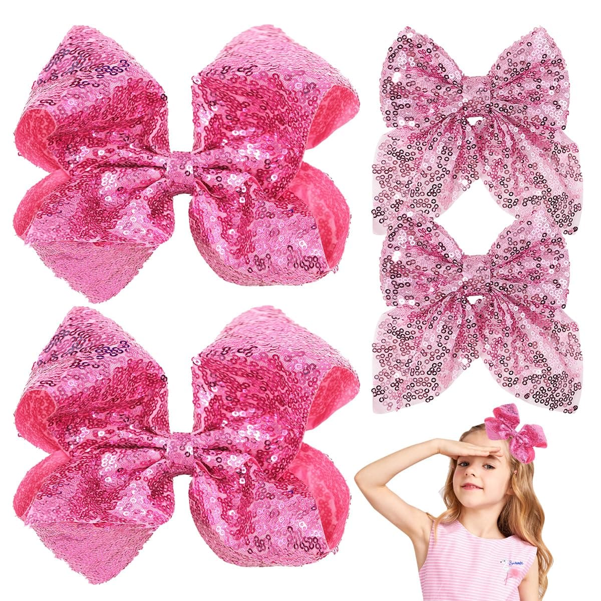 Hair Clip Glitter Pink Hair Bows for Girls 4Pcs Sparkly Sequin Bows Hair Alligator Clips Toddler Bow Clips Hair Accessories for Kids Teens Children