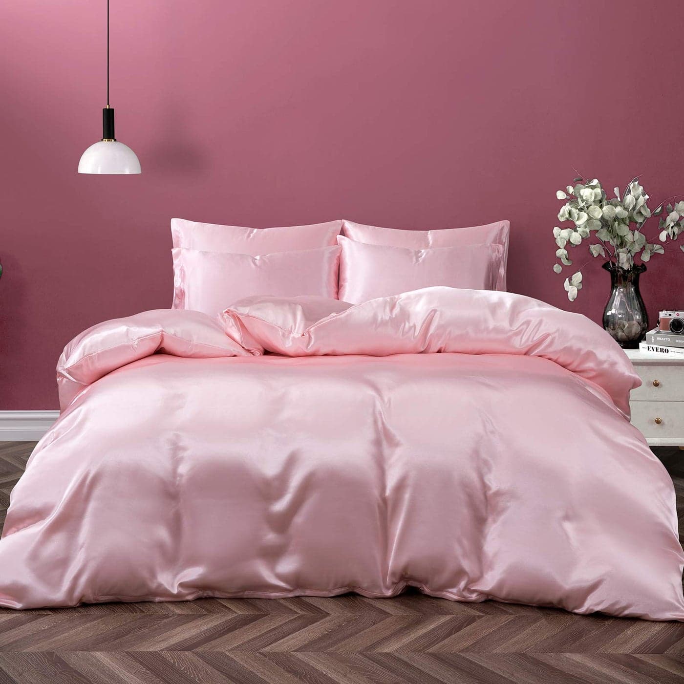 P Pothuiny 5 Pieces Satin Duvet Cover FullQueen Size Set Luxury Silky Like Blush Pink Duvet Cover Bedding Set with Zipper Closure 1 Duvet Cover 4 Pillow Cases No Comforter