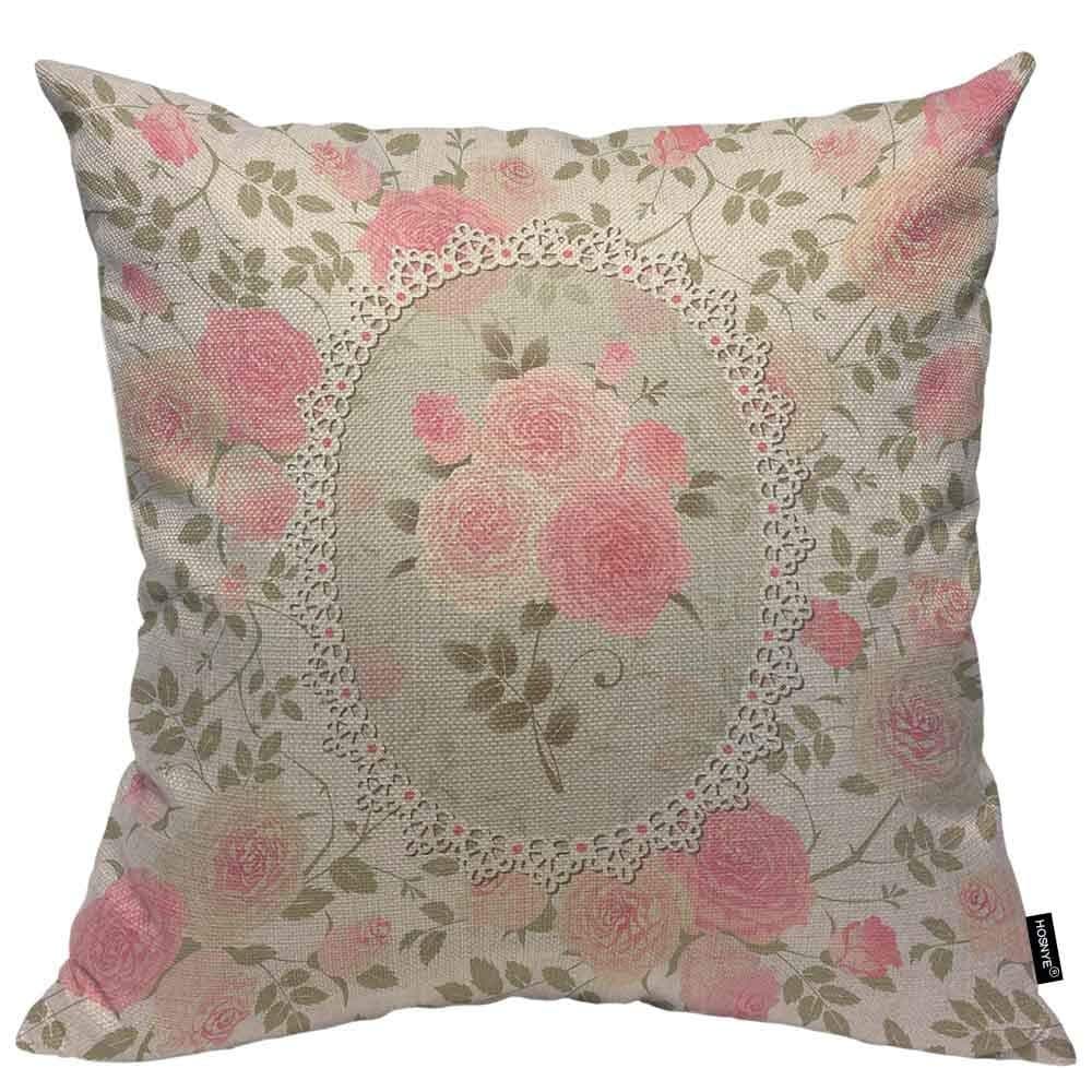 HOSNYE Shabby Chic Rose Pattern Cotton Linen Throw Pillow Case Lace Frame with A Bouquet of Roses Pillow Cushion Cover Home Sofa Decorative 18x18 Inch