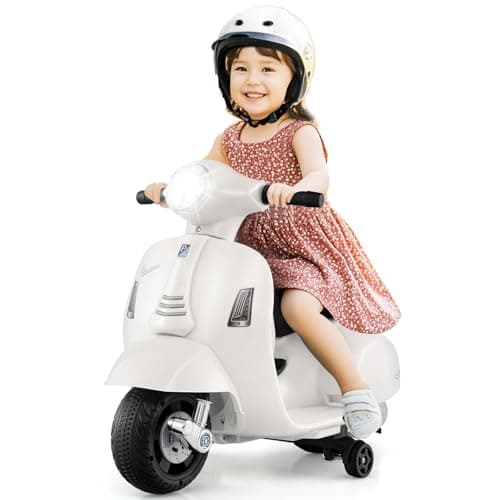 Licensed Vespa Kids Motorcycle by INFANS 6V Battery Powered Motorbike for Toddlers with Training Wheels Horn LED Lights Electric Ride on Toys for Boys Girls Aged 1836 Months White