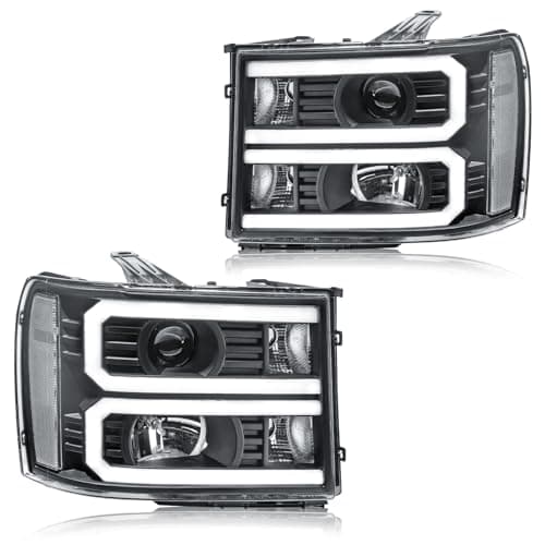 DimFlux LED DRL Headlight Assembly Fit for 2007-2013 GMC Sierra 1500/2007-2014 GMC Sierra 2500 3500 (NO 2007 Classic) Projector Left Right Side Front Lights Headlamp Black Housing Clear Reflector