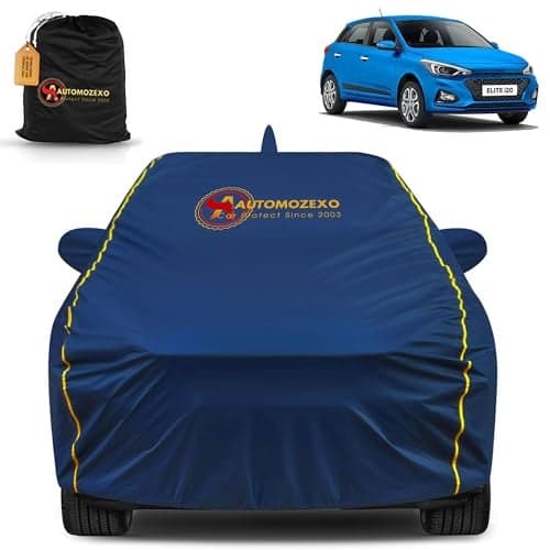 AUTOMOZEXO® Hyundai Elite I20 100% Waterproof Car Cover(Midnight Blue) 6LYR HDPE 200gsm Strong Fabric for All Weather Protection, Mirror & Antenna Pocket, Cotton Layer Cover, Adjustable Elastic straps
