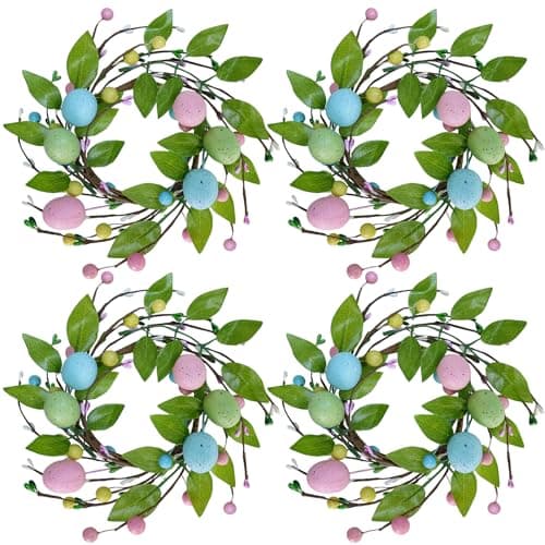 Winlyn 4 Pcs Easter Egg Candle Rings Wreaths Spring Artificial Foliage Berry and Egg Wreath Pastel Easter Eggs Candle Holder Rings 11" for Easter Holiday Springtime Decor Front Door Table Centerpiece