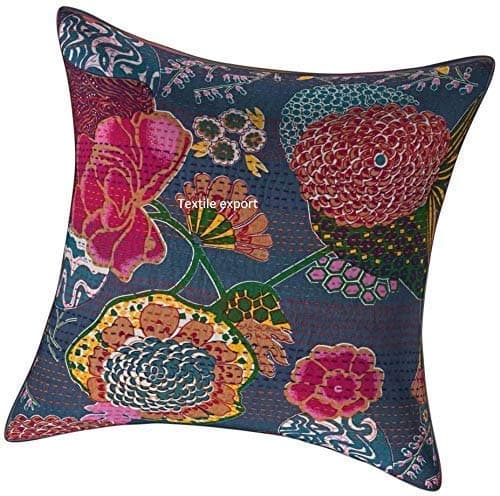 Textile Art Kantha Embroidery Cotton Cushion Cover (16x16-Inch, Multicolour)