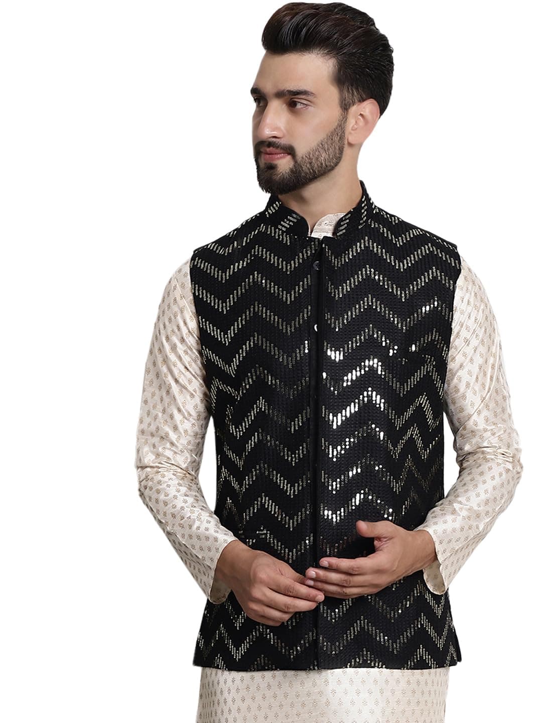 SOJANYA (Since 1958 Men's Silk Blend, Gold Sequence Embroidered Black Color Nehru Jacket
