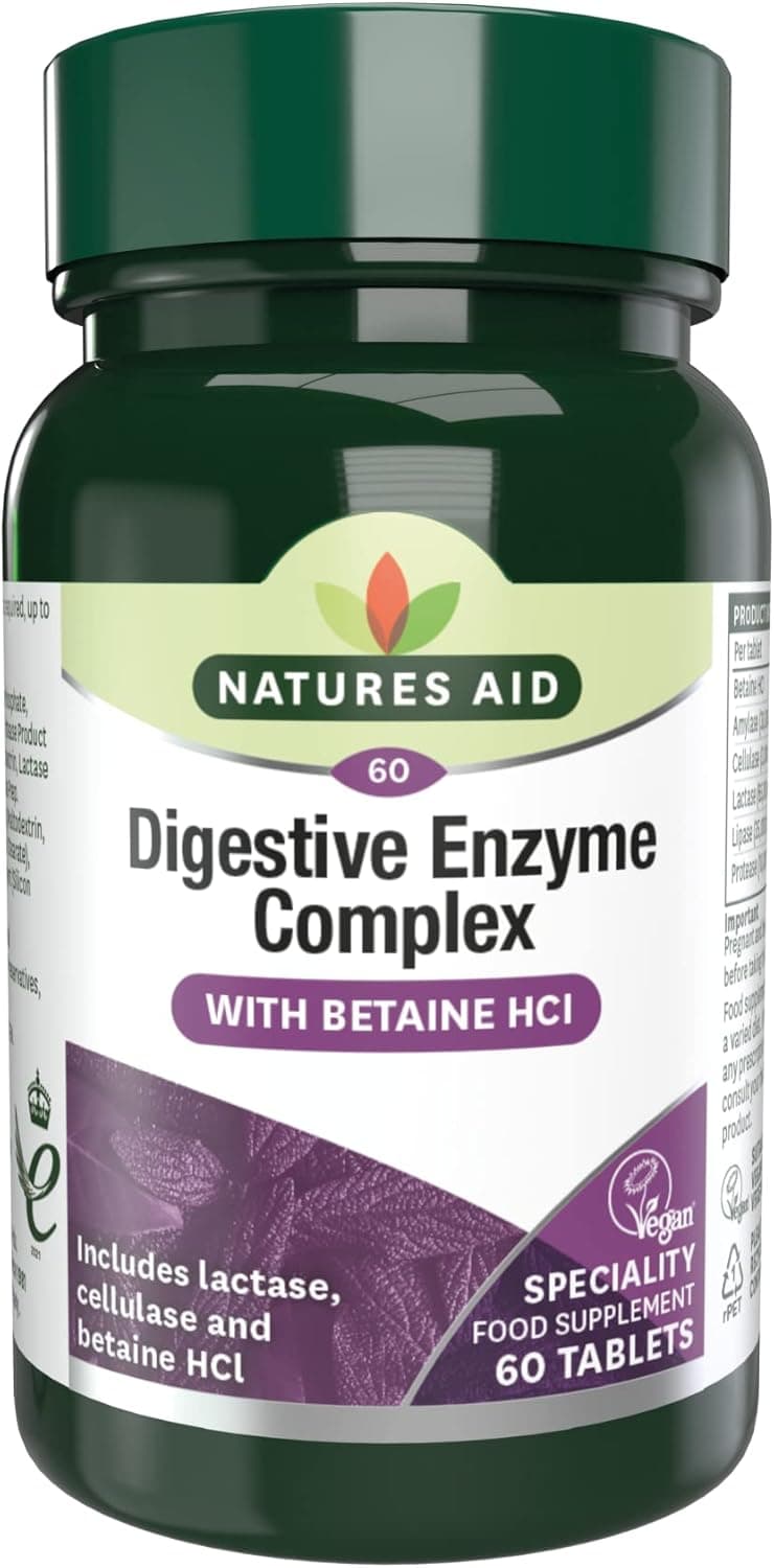 Natures Aid Digestive Enzyme Complex Supports Digestion Bloating Discomfort Relief and Nutrient Absorption Betaine HCl Vegan Vegetarian NonGMO 60 Tablets