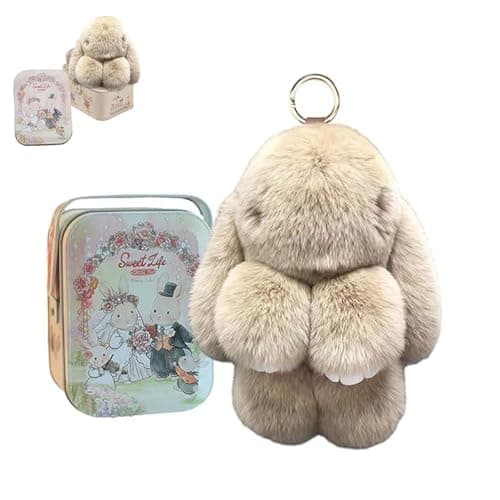 BOVVSKY Bunny Keychain with Box, Bunny Keychain with Tin, BunnyCute Plush Key chain (Khaki)