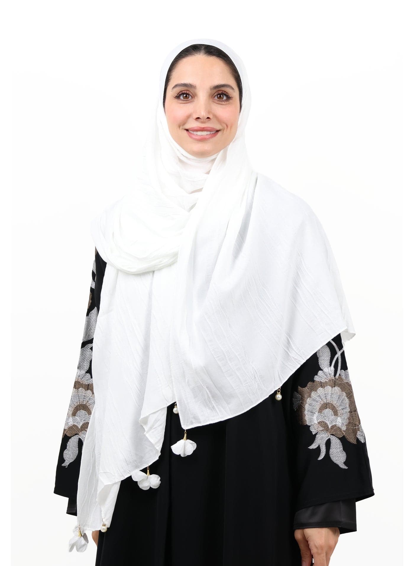 Premium Crinkle Cotton Scarf with Mixed Floral & Pearl Tassels (Pure White)