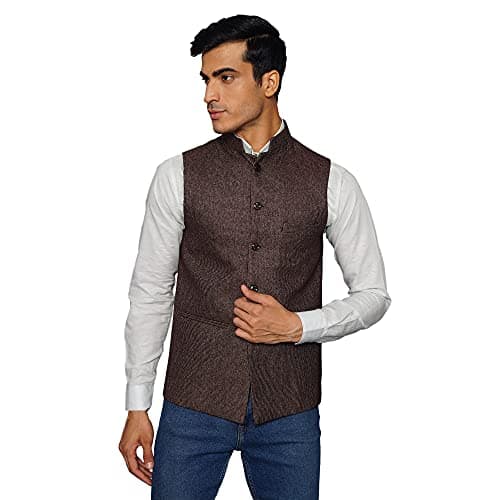 WINTAGE Men's Tweed Bandhgala Festive Nehru Jacket Waistcoat Brown