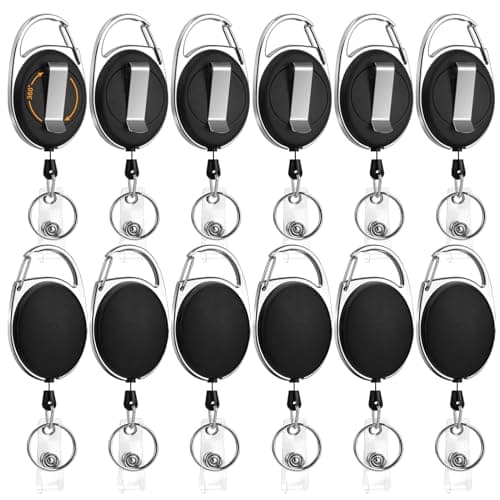 Soleebee 12 Pack Retractable Badge Reels with 360° Swivel Belt Clip and Key Ring, 25'' Retractable Keychain Carabiner ID Badge Holder Black