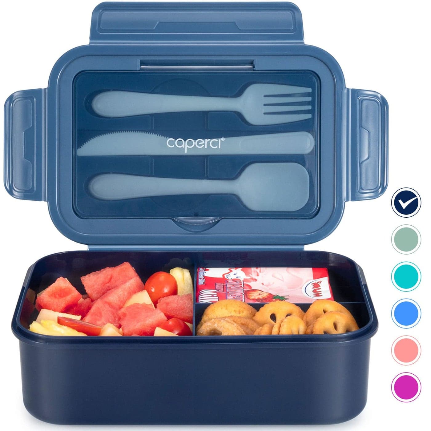 Caperci Classic Bento Box Adult Lunch Box for Older Kids Leakpoof 47 oz 3Compartment Containers for Adults and Teens Builtin Utensil Set Ideal for OntheGo Balanced Eating Navy Blue