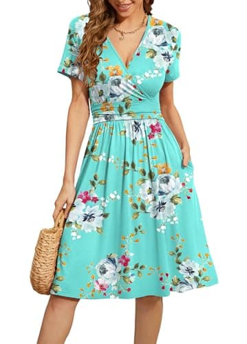 WEACZZY Summer Dresses for Women Floral Sundresses Casual Short Sleeve Vacation Travel Dress Flowy Beach Dresses with Pockets,Floral Mint Green,XL