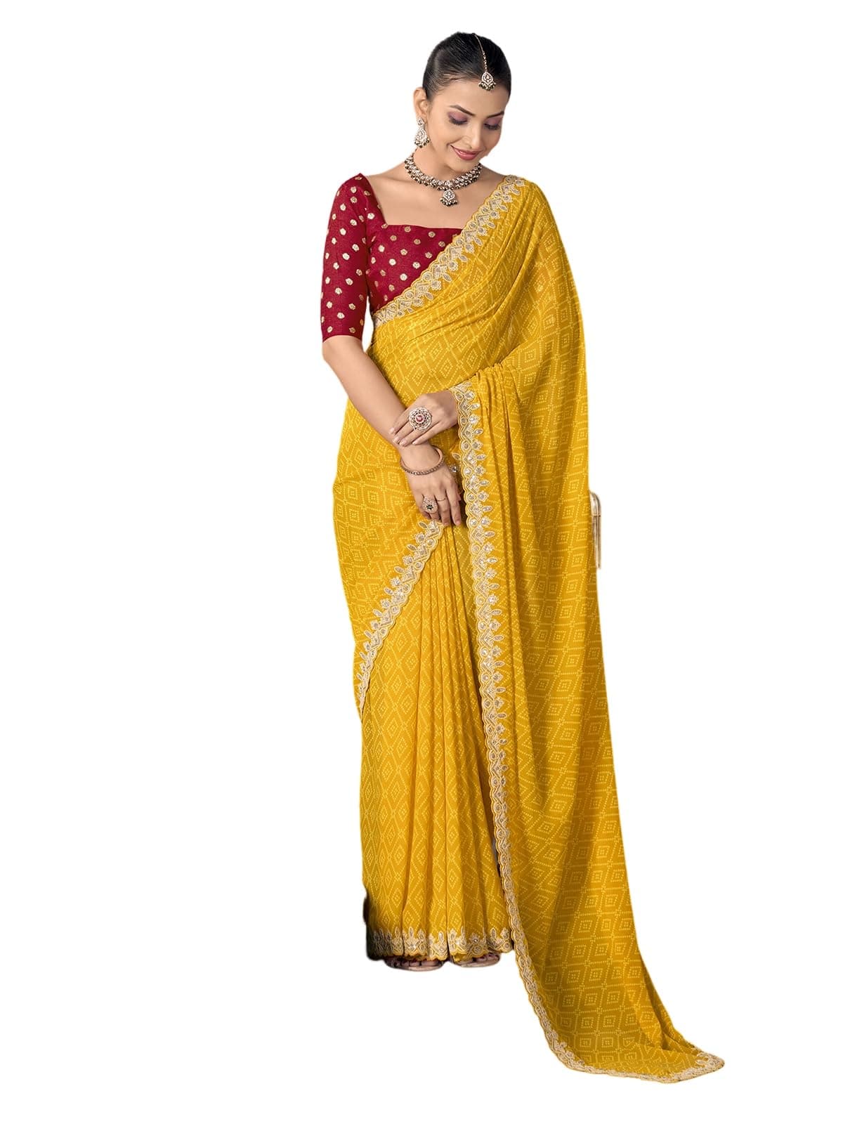 Satrani Women's Georgette Bandhani Printed Sequin Embrodery Saree with Unstitched Blouse Piece (4340S981N_Yellow)