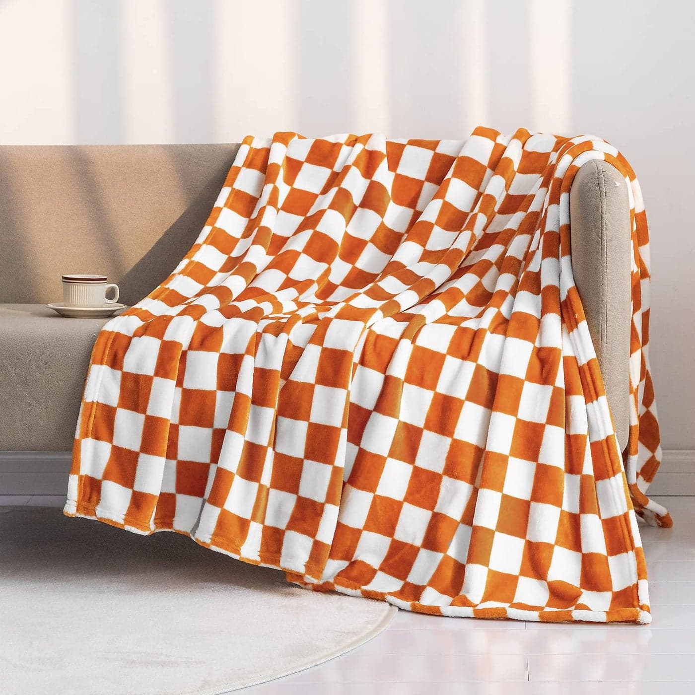 LOMAO Throw Blankets Flannel Blanket with Checkerboard Grid Pattern Soft Throw Blanket for Couch Bed Sofa Luxurious Warm and Cozy for All Seasons Orange 60x80