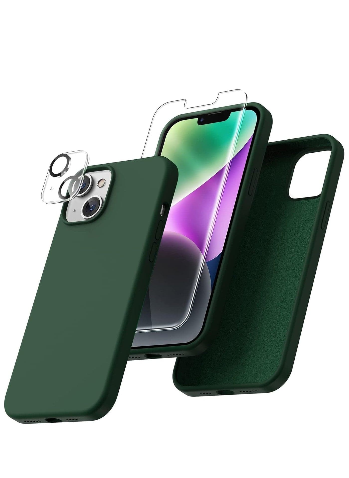 iPhone 14 Plus 5-in-1 Case – Alpine Green Liquid Silicone with 2 Screen Protectors, 2 Camera Lens Protectors, Full Body Shockproof Drop Protection, 6.7 Inch