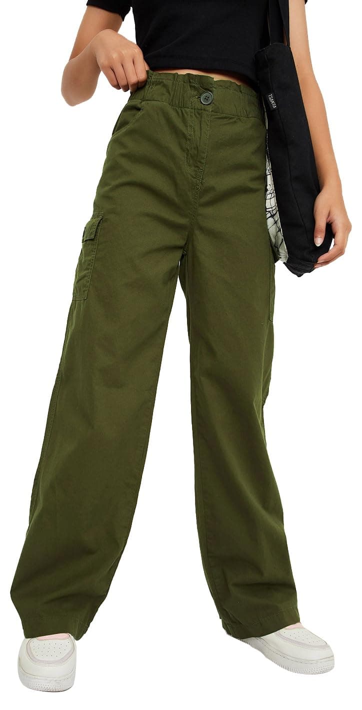 Girls Solid Full-Length Regular Fit Flared Trousers,Olive Green,11-12Y
