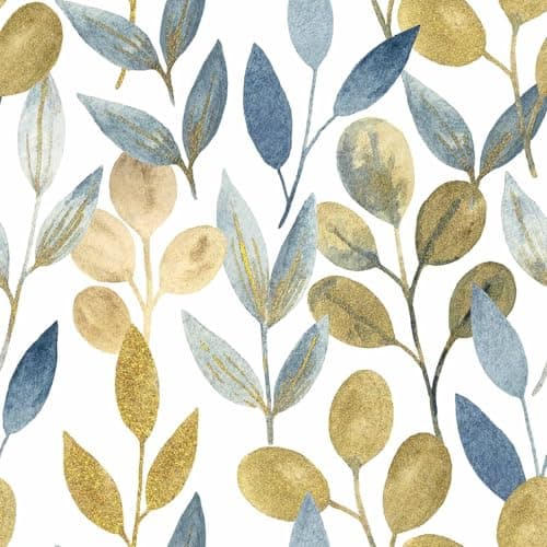 Wookmmy Blue Gold Leaf Peel and Stick Wallpaper Modern Self Adhesive Contact Paper Waterproof Removable Wall Paper for Bathroom Living Room 17.7"x70.8" Luxury Decorative Wallpaper