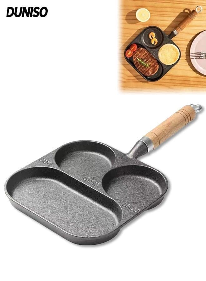 Nonstick Divided Frying Pan,Three in One Thickened Uncoated Household Flat Bottomed Pan,Versatile Breakfast Grill ,Grill Pan with Wooden Handle, Omelette Pan Compatible with All Stovetops