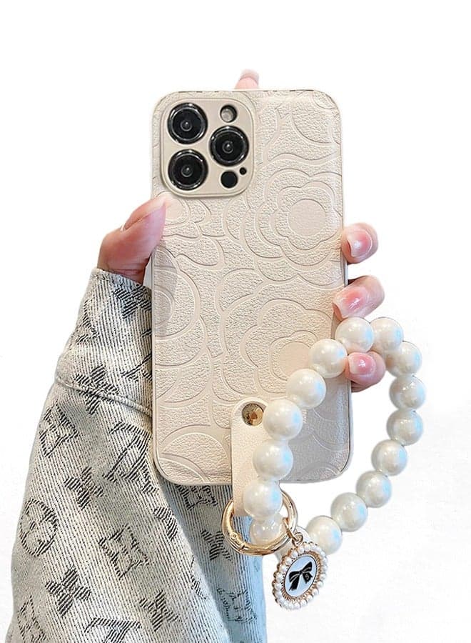 Phone Case for iPhone 15 Pro Max , White Camellia Pattern Cute Flower with Lovely Bracelet Chain for Women Girls Soft TPU Shockproof Protective Case Anti-lost Chain Cute Jewelry Cover