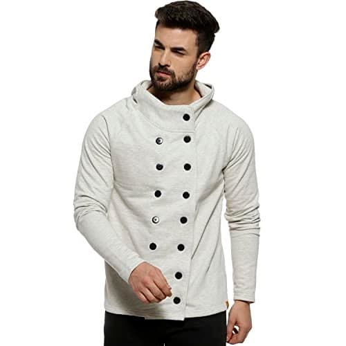 Campus Sutra Men’s Grey Solid Cotton Jacket Regular Fit For Casual Wear, Collar With Hoodie, Double Breasted, Crafted With Comfort Fit & High Performance For Everyday Wear