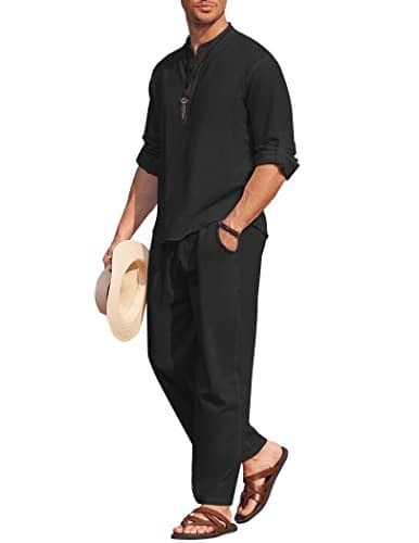 COOFANDY Mens 2 Pieces Cotton Linen Set Long Sleeve Henley Shirts Casual Beach Pants With Pockets Summer Yoga Outfits