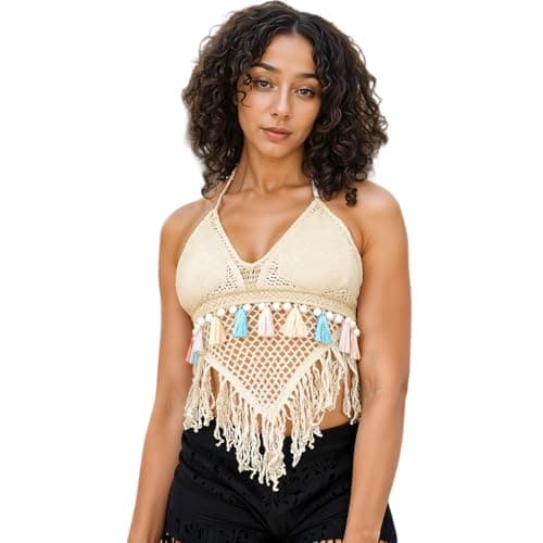 PALAY® Women's Summer Crochet Granny Square Halter Tops Boho Sleeveless Backless Fringe Trim Cami Cover Up Tank Crop Top