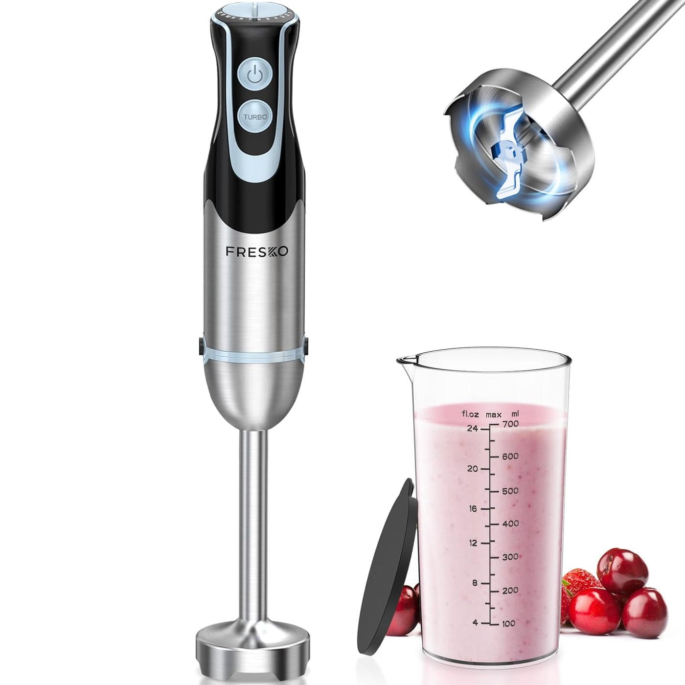 FRESKO Immersion Handheld Blender 500W with 700ml Beaker 12Speed Turbo Mode Hand Blender Stick 304 Stainless Steel Blades