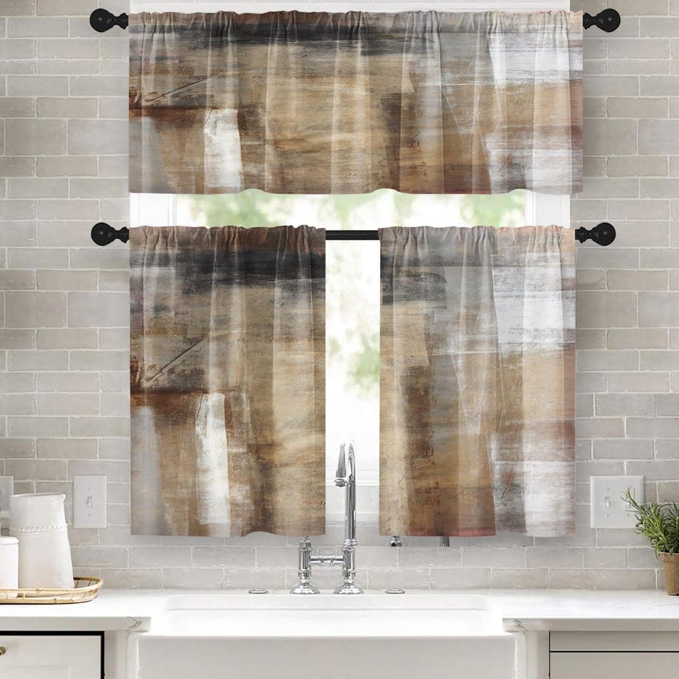 Tayney Brown Kitchen Window Curtains Valance and Tier Set 36 Inch Grey Beige Modern Rod Pocket Short Tier Curtain Abstract Art Small Cafe Drapes for Kitchen Decor