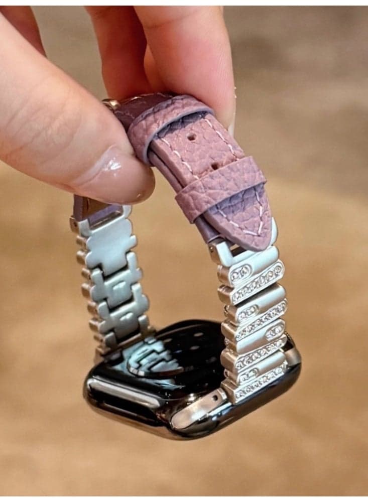 Irregular Diamond Studded Lychee Patterned Leather Watch Strap Purple Belt Starlight Buckle Strap Only Suitable For 41mm (7th to 9th Generation)