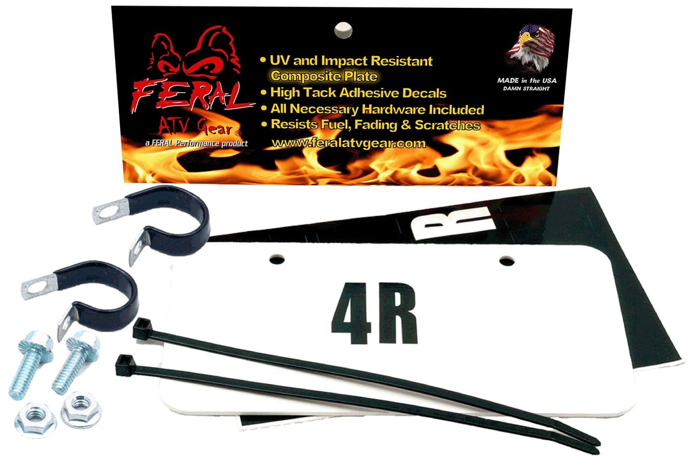 FERAL ATV Gear License Plate Kits (White or Black - Composite or Aluminum) Letters, Numbers and Hardware Included - ATV/UTV Personal License Plate - Side by Side Custom Number Kit (White, Composite)