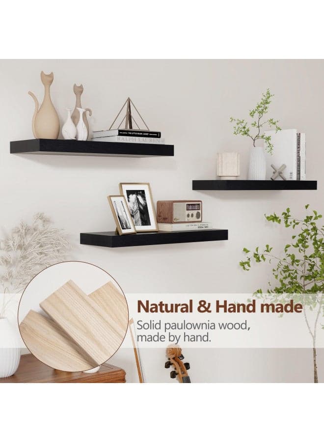 Black Floating Shelves for Wall, Wooden Shelves for Wall Set of 3, Modern Black Shelves for Bedroom Living Room Bathroom Kitchen, Shelves for Wall Decor Storage - Black