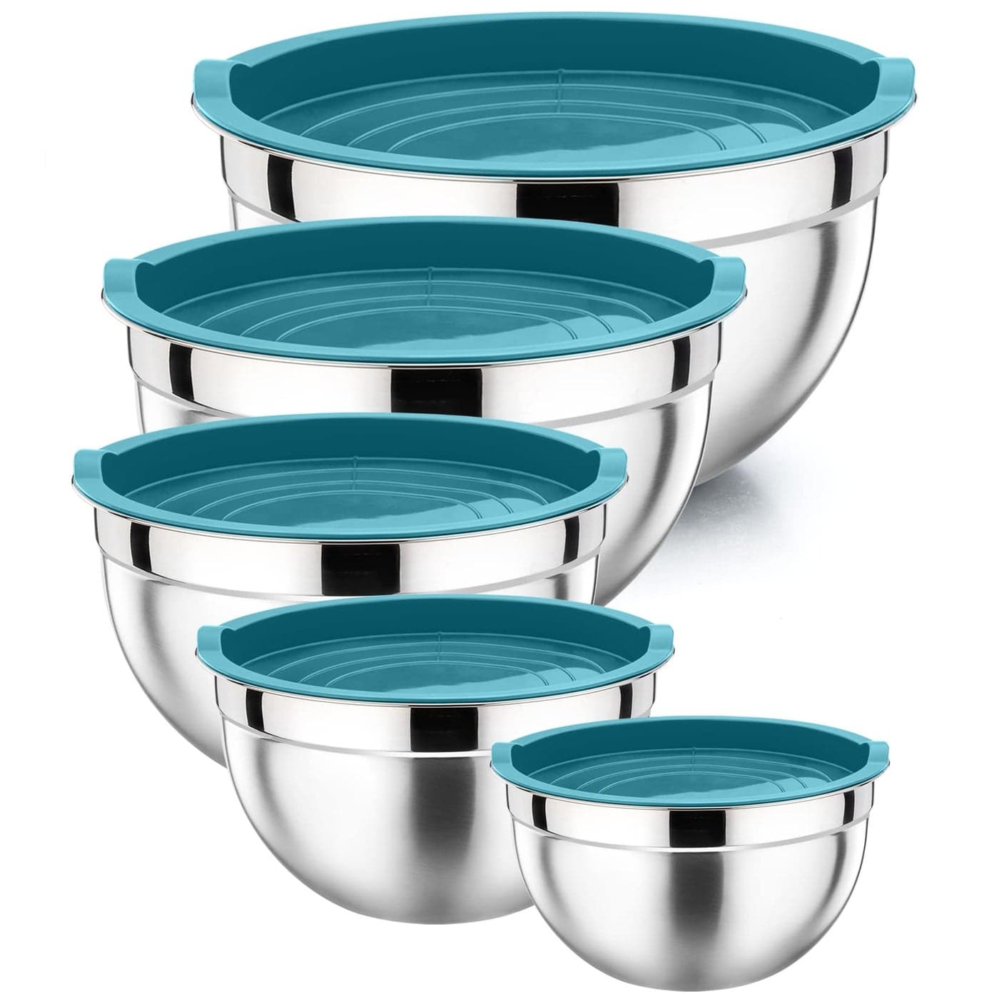 PP CHEF Mixing Bowl with Lid Set of 5 10Piece Stainless Steel Nesting Salad Bowl Set for Prepping Mixing and Serving Size 46 3 15 1 07 QT Rimmed Edges Flat Base Blue