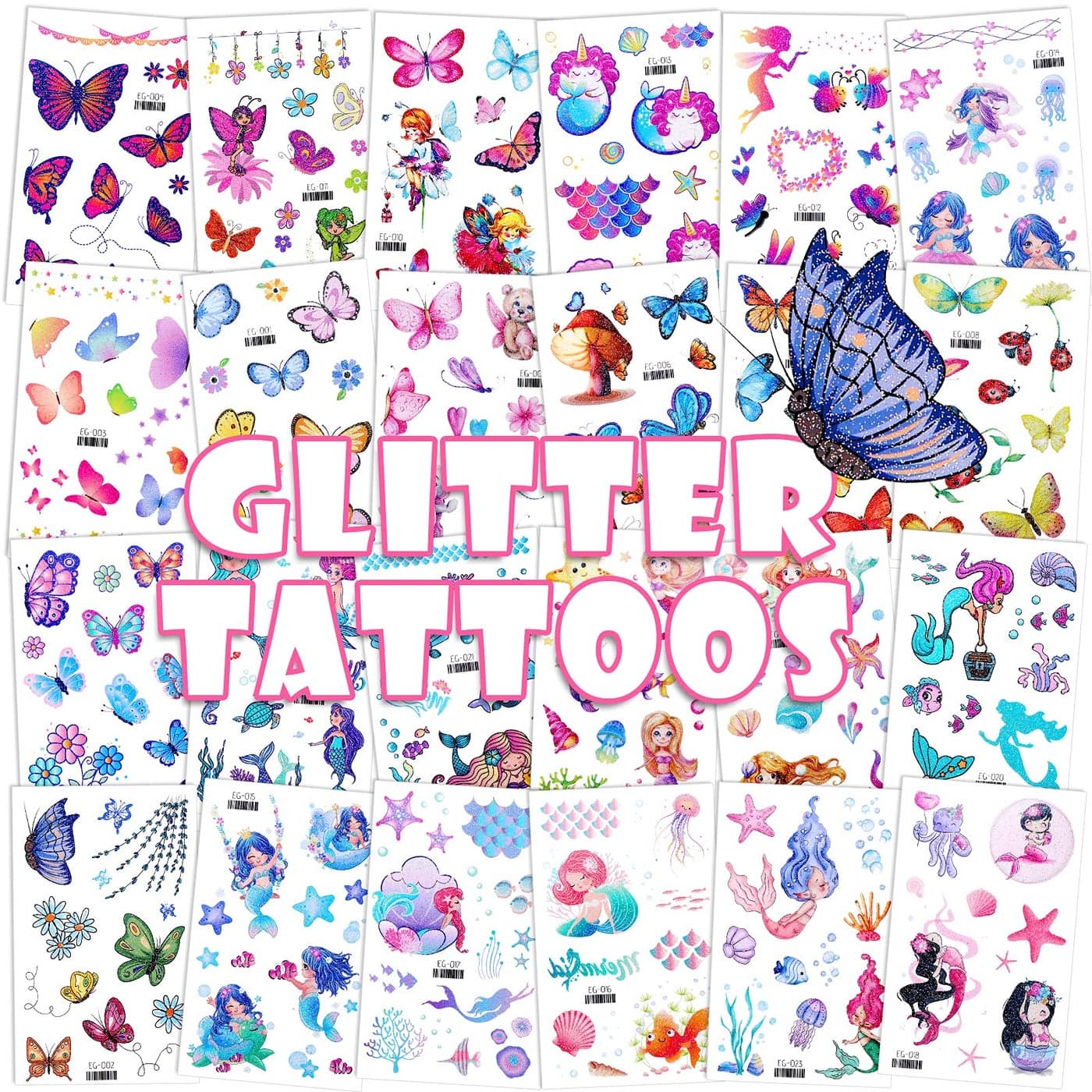 Konsait Glitter Temporary Tattoo for Girls 24 Sheets Butterfly Mermaid Fairy Flowers Tattoo Stickers for Kids Waterproof Fake Tattoos for Birthday Party Favors Goodie Bags Stuffers Party Fillers