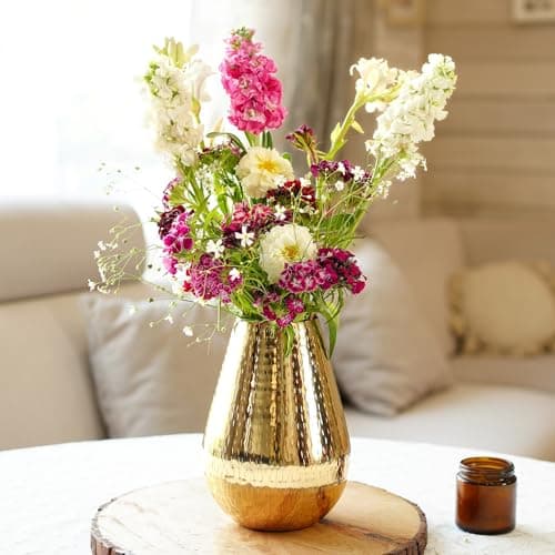 Behoma Drop Shape Metal Hammered Flower Vase for Home Décor | Table Flower Pot for Valentine’s Day, Gift for Wedding Anniversary, Birthday Decoration | 7.5 inches, Golden, 1Pcs (Flowers not Included)
