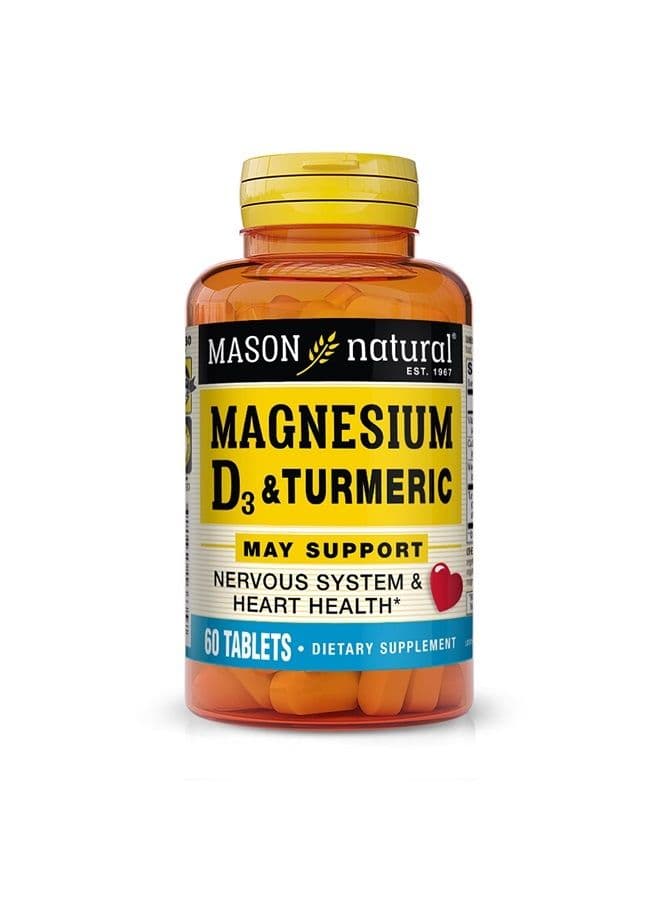 Magnesium & Vitamin D3 with Turmeric - Healthy Heart and Nervous System, Strengthens Bones and Muscles, Improved Joint Health, 60 Tablets