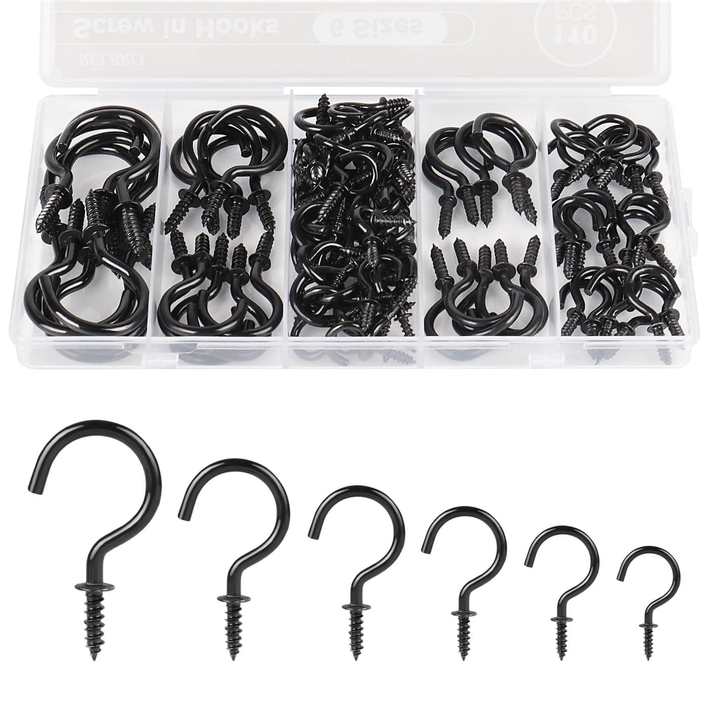 RELBRO Screw Hooks 6 Sizes Metal Screw in Cup Hooks 12 Inch 58 Inch 34 Inch 78 Inch 1 Inch 114 Inch Black 110 Pcs