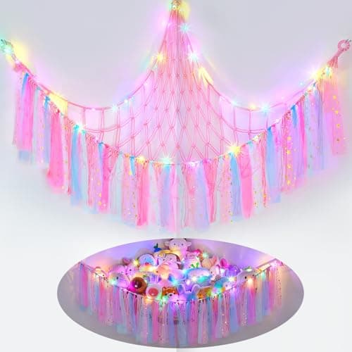 FIOBEE Stuffed Animals Net or Hammock with LED Light Toy Hammock Hanging Stuffed Animals Storage Organizer Holder Room Dcor for Nursery Kids Bedroom