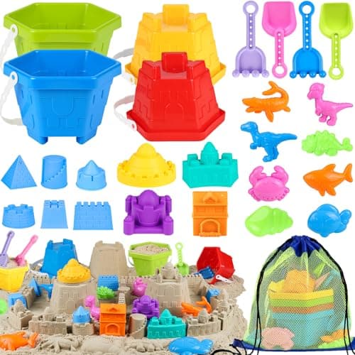 HUUIDY Beach Toys for Kids Sand Toys with 4 Sand Buckets and Shovels for Kids Sand Castle Building Kit with Mesh Bag Molds Travel Beach Essentials Sandbox Toys for Toddlers Boys Girls Age 412