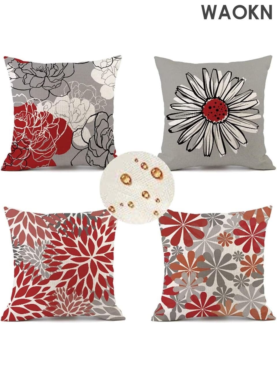 4-Pack Outdoor Throw Pillow Covers 18x18 Inch - Waterproof Red Floral Decorative Pillow Cases - UV Resistant Linen Fabric for Patio Furniture, Garden Bench, Porch Swing - All-Weather Cushion Covers (Set of 4)