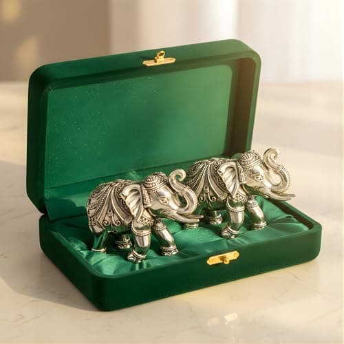 Dev Aastha 999 Pure Silver Plated Elephant Statue Pack of 2 | 4 Inch Vastu & Good Luck Showpiece for Beautiful Table Decor, Prayer Room & Pooja Room | Auspicious Gift Option