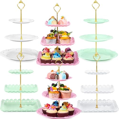 Gandeer 6 Sets Tea Party Decorations of 3 Tier Plastic Cupcake Stand Dessert Plates Cake Fruit Candy Display Tower for Wedding Birthday Baby Shower Tea Party Decorations(Round and Square)