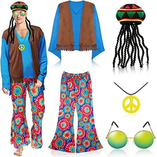 Geyoga 5 Pcs 70s 60s Hippie Costume for Men 70 S Outfit Disco Outfit Pant Shirt Faux Vest Rasta Hat with DreadlocksLarge