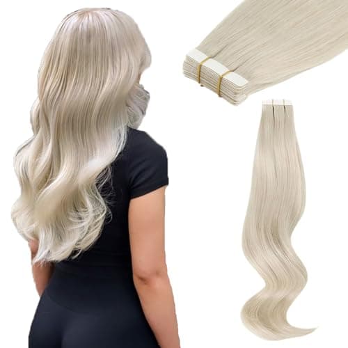 ABH AmazingBeauty Hair 18 Inch White Blonde Invisible Tape in Extensions Real Human Hair Color 1000 Ice Blonde 20Pcs 50G