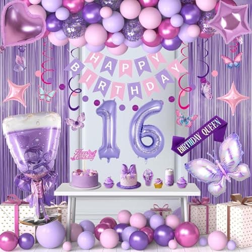 16th Purple Birthday Decorations Pink Purple 16th Birthday Decorations for Girls Lavender Party Decor Set with Number Balloons Foil Balloons Sash and Cake Topper