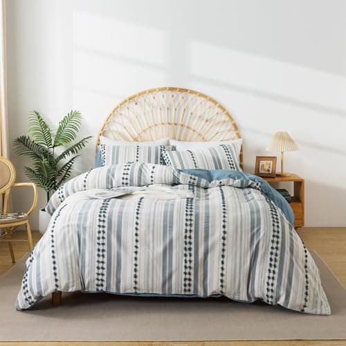Washed Cotton Full Size Duvet Cover Set - Tufted Dots Boho Chic Bedding for All Seasons, Striped Bohemain Bedding Linen Like Textured Breathable Durable Soft Comfy (Blue, 89''x90'')