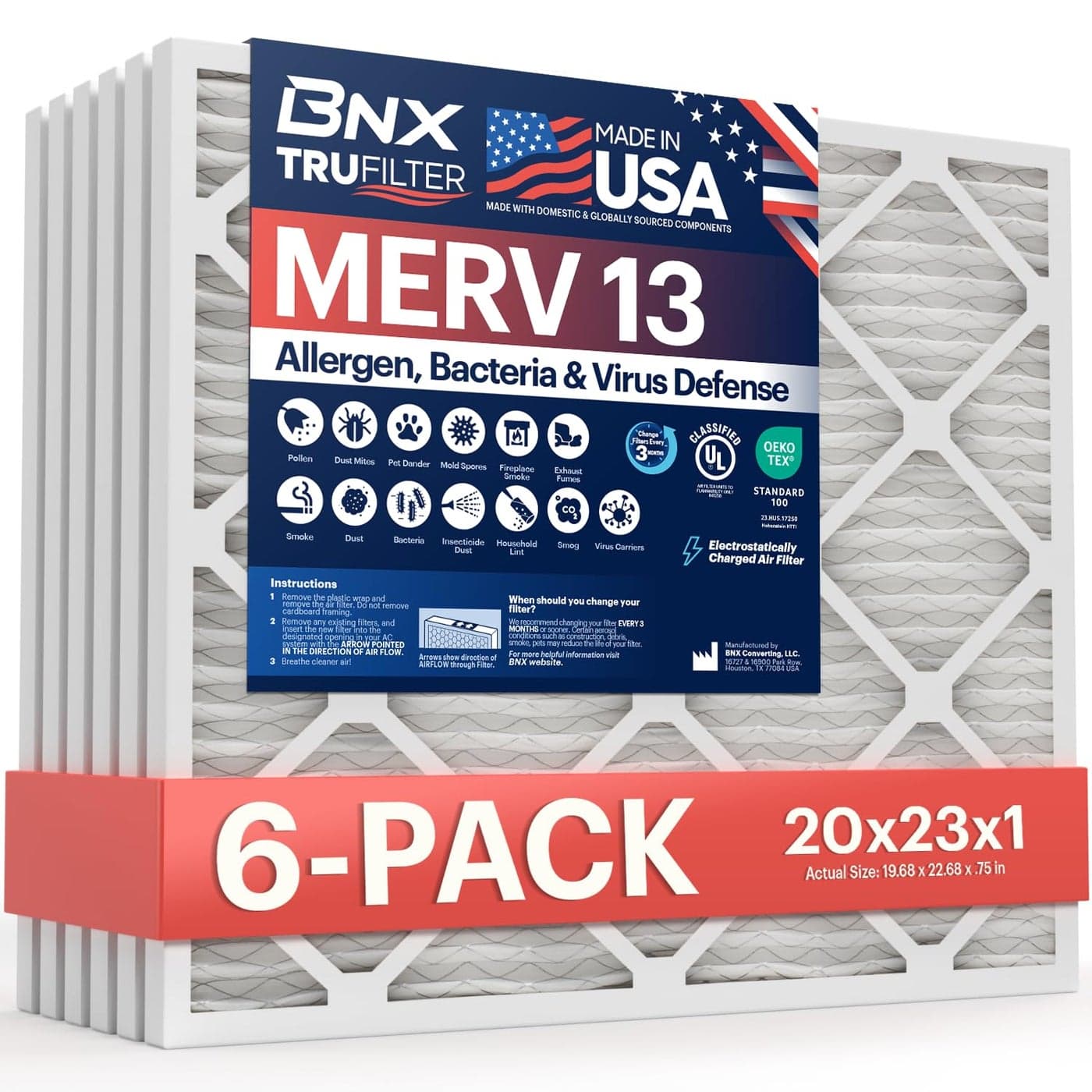 BNX TruFilter 20x23x1 Air Filter MERV 13 6Pack MADE IN USA Electrostatic Pleated Air Conditioner HVAC AC Furnace Filters for Allergies Pollen Mold Bacteria Smoke Allergen MPR 1900 FPR 10