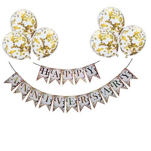 GRAND SHOP 50936 Happy Anniversary Paper Banner with Pre Filled Golden Confetti Balloons