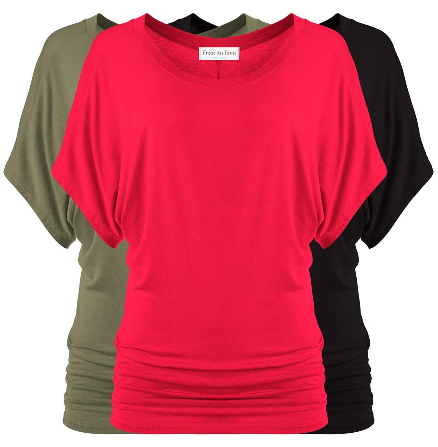 Free to Live 3 Pack Dolman Short Sleeve Business Casual Tops for Women Shirts Fall Dressy Tunic (XL, Black, Olive, Red)