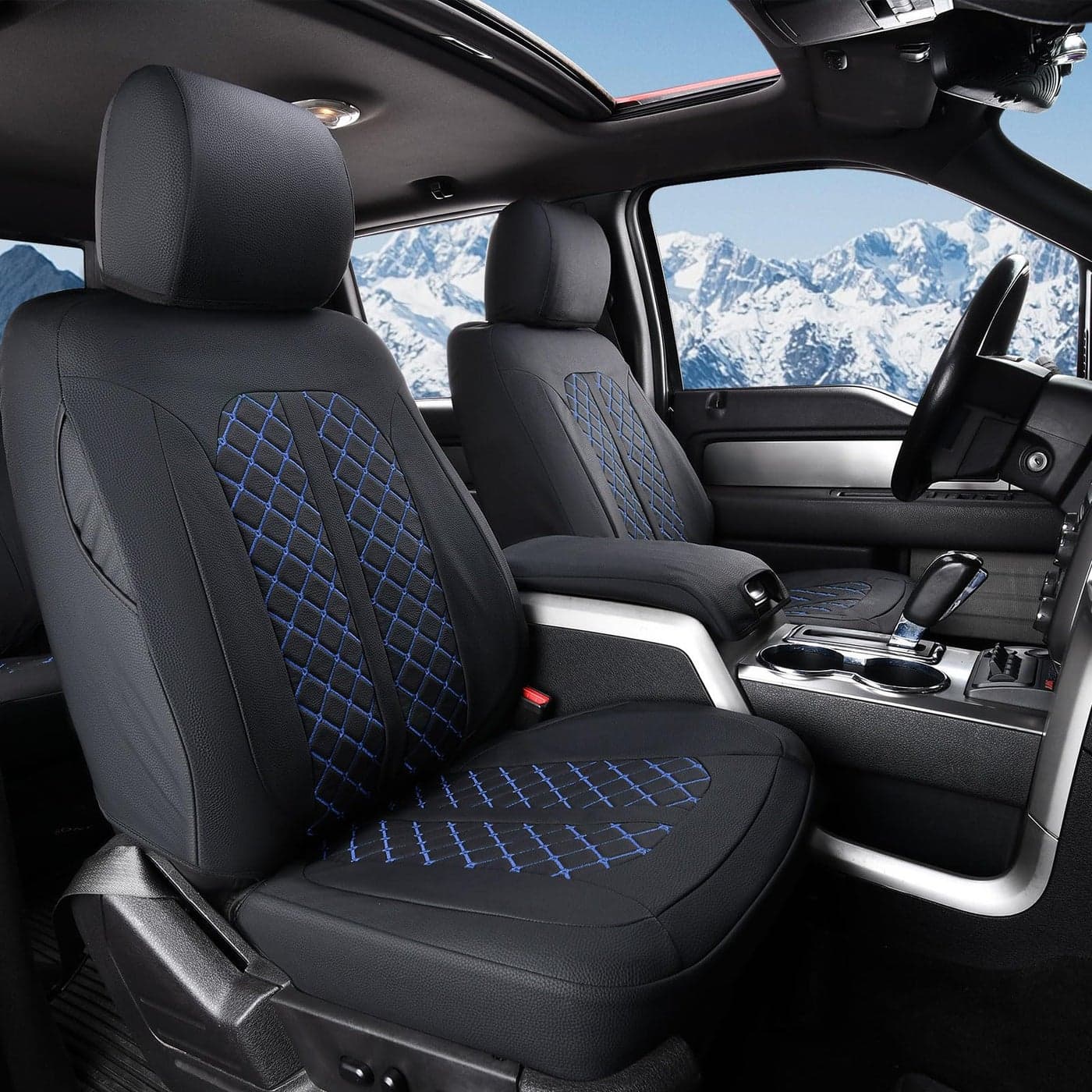 Truckiipa Seat Covers for Ford F150 Front Leather Truck Seat Cover Cushion Protector Custom Fit for 20152024 Ford F150 SuperCrew 20172024 F250 F350 F450 Super Duty Crew Cab Front Pair BlackBlue